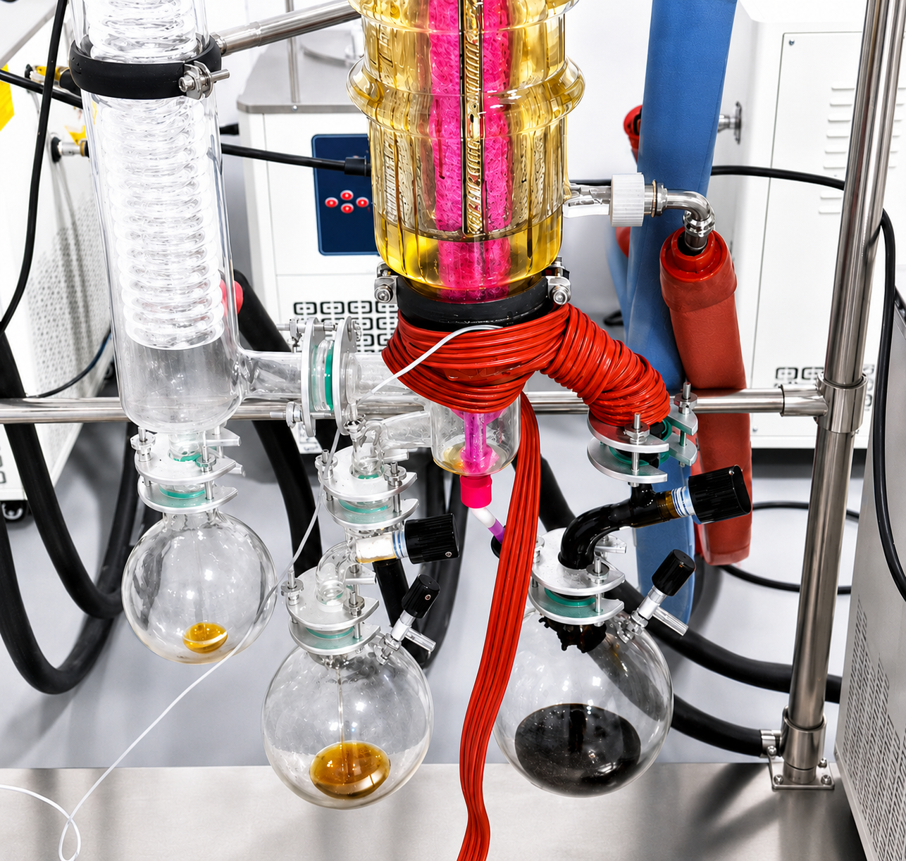 Short path distillation of agarwood oil showing lighter aromatic oil fraction and darker heavy fraction.
