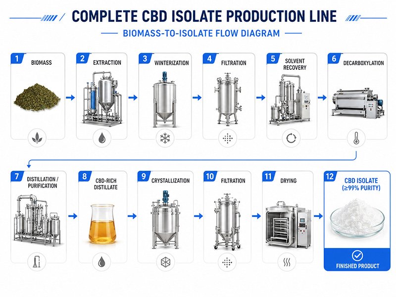 Complete cannabis biomass to CBD THCA isolate line flow diagram