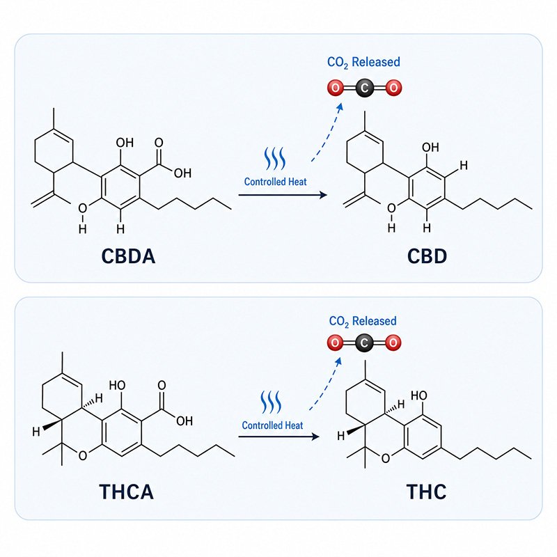 CBDA to CBD and THCA to THC cannabinoid decarboxylation reactions