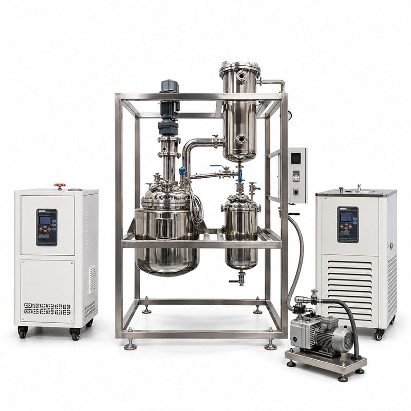 Industrial decarboxylation equipment with reactor, condenser, receiver and vacuum system