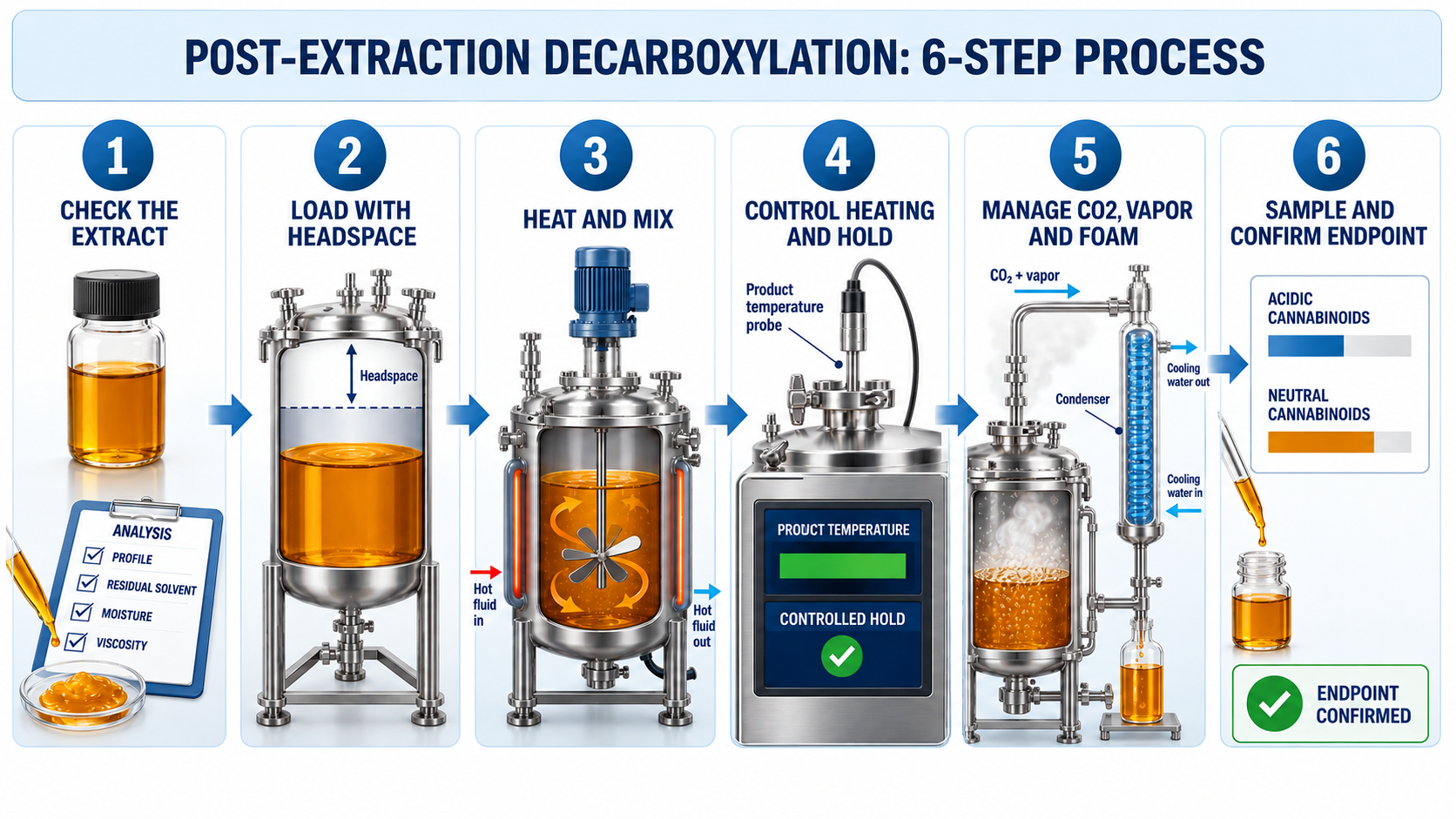 Six steps of the industrial post-extraction decarboxylation process